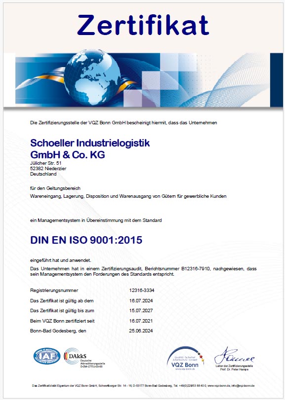 Zertifikat DIN EN ISO 9001 der VQZ Bonn GmbH